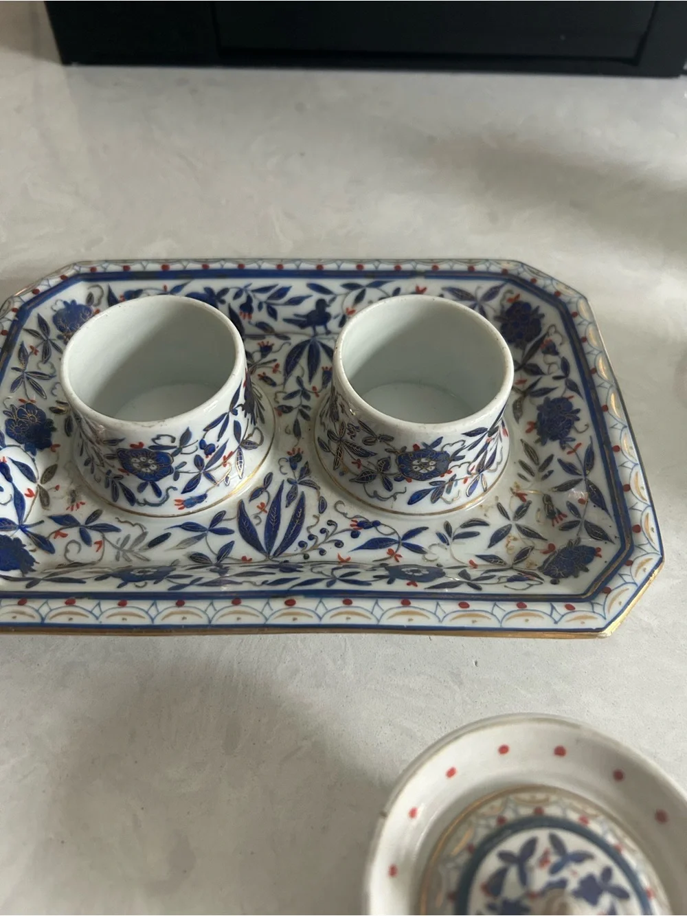 Blue Floral Porcelain Inkwell Set with Tray - Elegant Home Accent